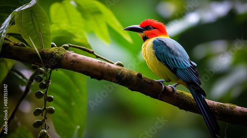 A beautiful brightly colored bird in the rainforest sits on a branch photo