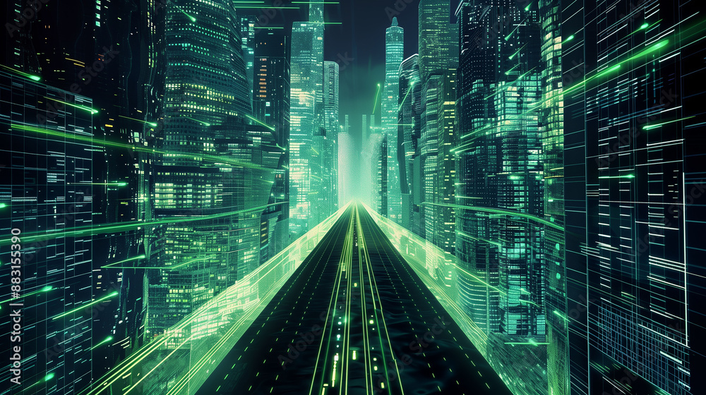 A cityscape with tall buildings and a green tint. The city appears to be futuristic and technologically advanced A cityscape with tall buildings and a green tint. The city appears to be futuristic and technologically advanced