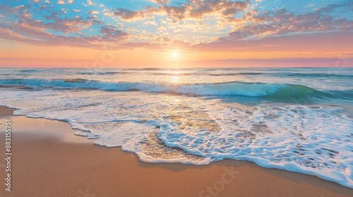 Fototapeta Naklejka Na Ścianę i Meble -  A serene beach scene with gentle waves lapping at the shore under a vibrant sunset sky.