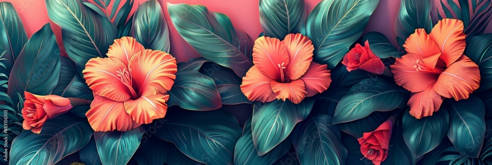 Colorful Tropical Flowers and Leaves