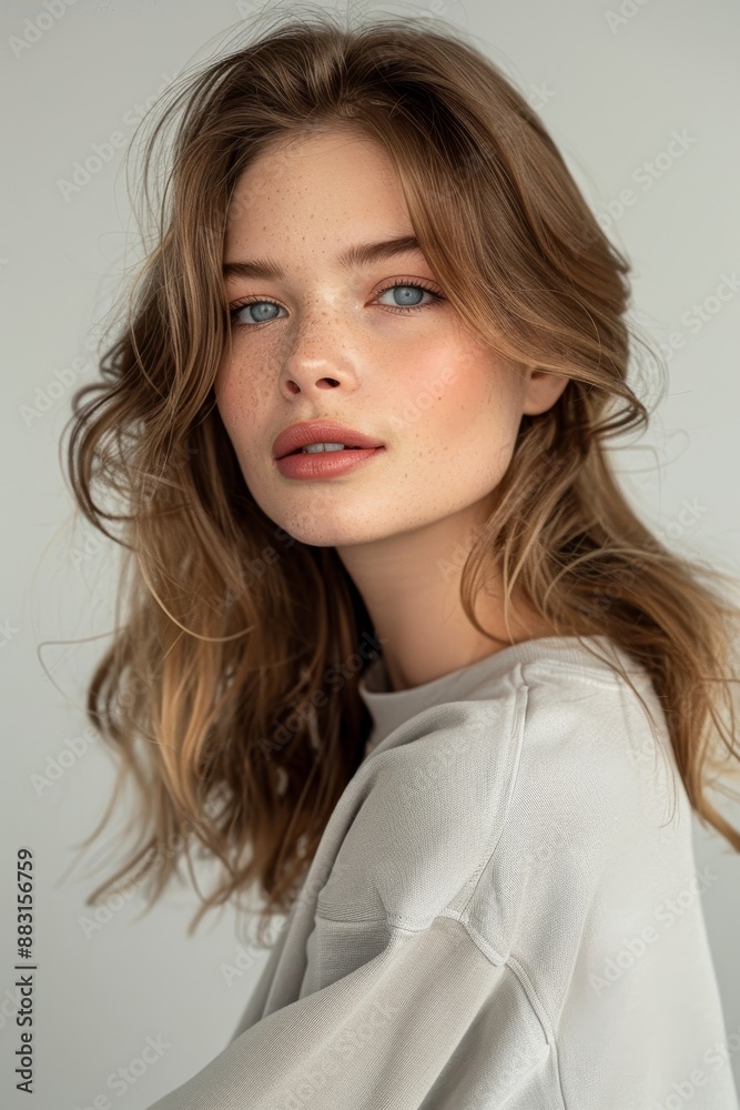 5 A chic model with a fresh, dewy skin look, solid background, studio lighting, 5 A chic model with a fresh, dewy skin look, solid background, studio lighting,