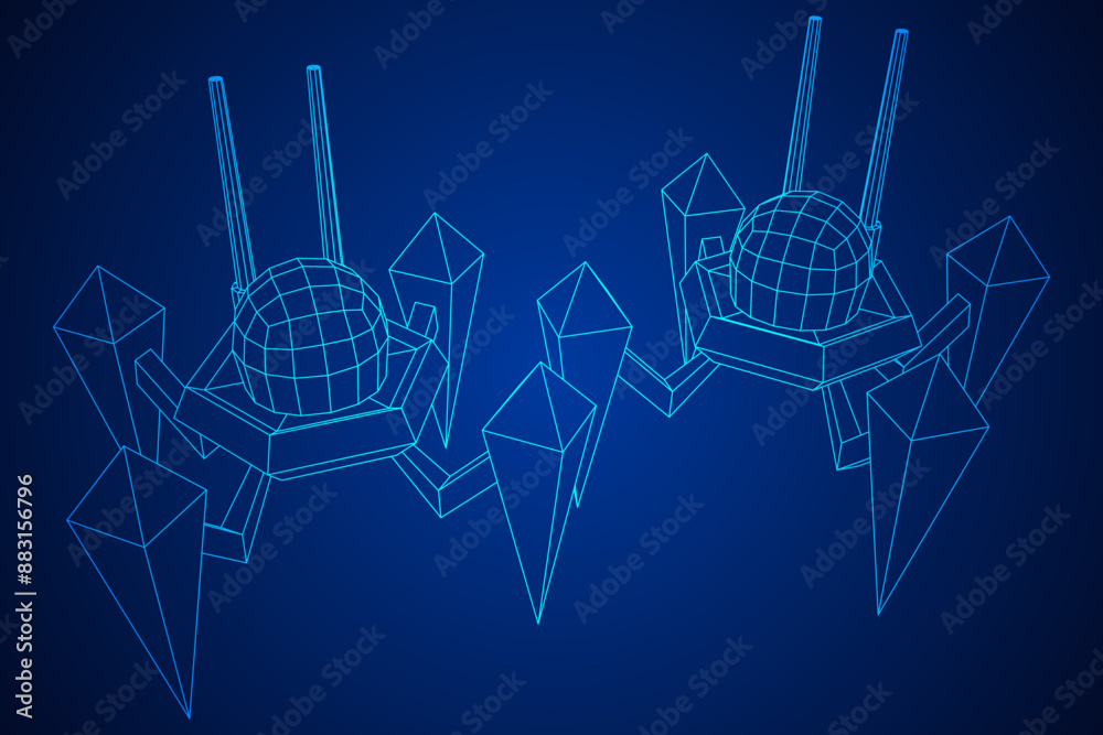 Fototapeta premium Spider robot with radar antenna. Nanobot, nanotechnology medical concept. Wireframe low poly mesh vector illustration