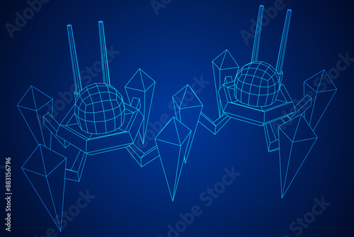 Spider robot with radar antenna. Nanobot, nanotechnology medical concept. Wireframe low poly mesh vector illustration