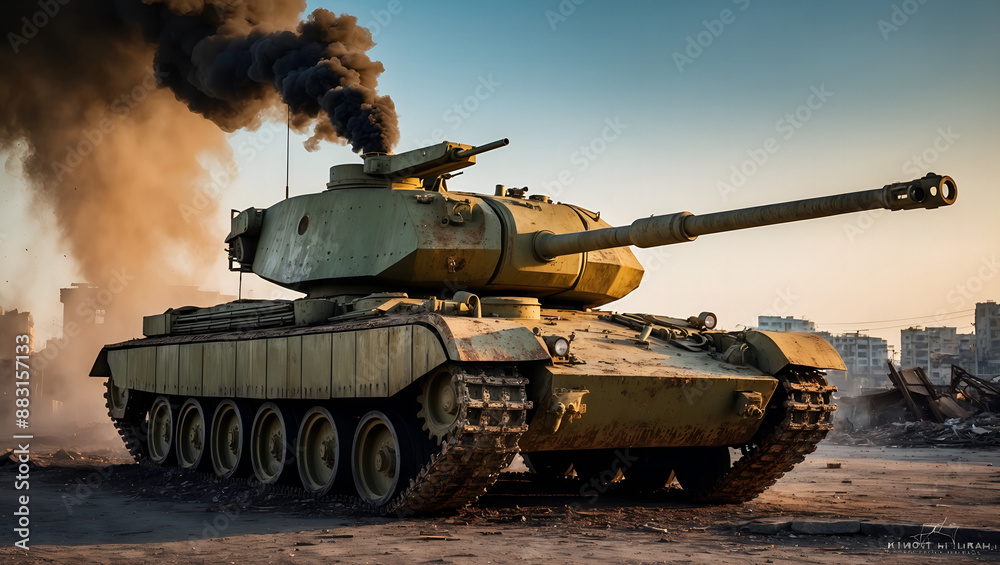 Fototapeta premium Majestic Military Fighter Tank in Ravaged Urban Landscape