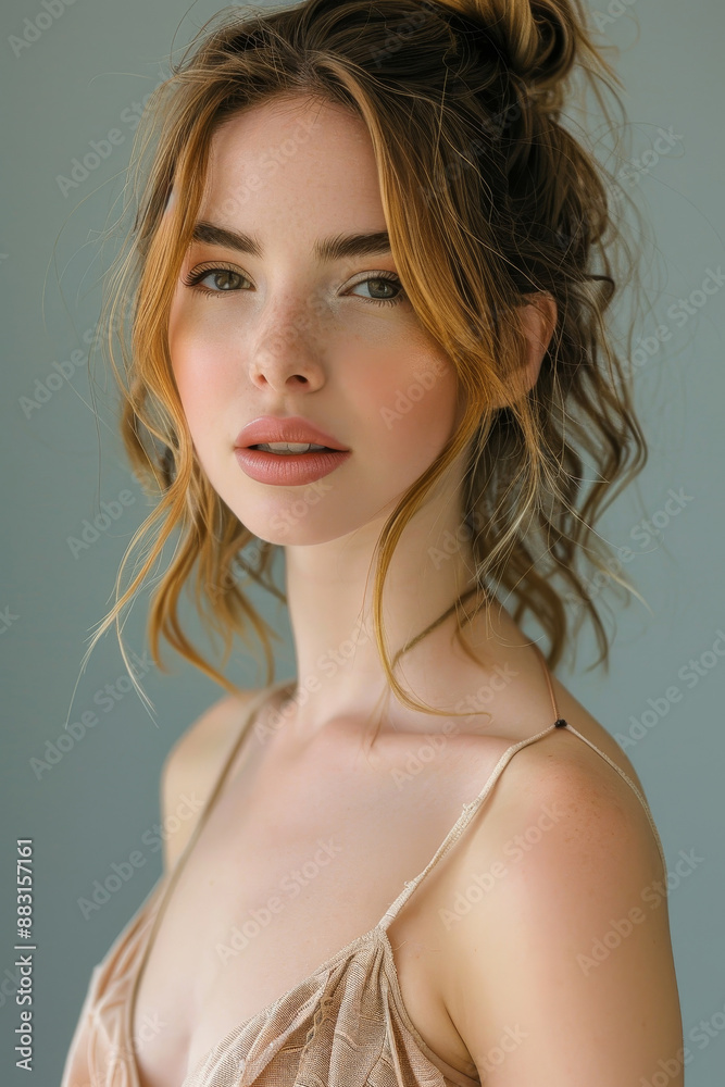 29 A stylish model with a soft, natural makeup look, solid background, studio lighting, 29 A stylish model with a soft, natural makeup look, solid background, studio lighting,