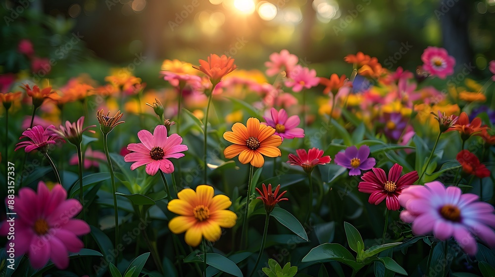 A tranquil flower bed, wide-angle view showing a colorful assortment of blooming flowers. The natural light highlights the vibrant colors and textures, A tranquil flower bed, wide-angle view showing a colorful assortment of blooming flowers. The natural light highlights the vibrant colors and textures,