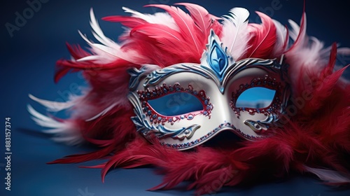 A whimsical red, white, and blue feathered mask on a dark blue to light blue gradient background 