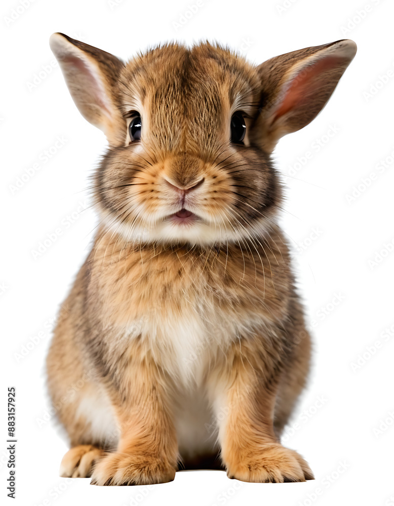 Obraz premium An adorable brown bunny with long ears sits attentively on a white background. Perfect for pet, Easter, or nature-themed content.