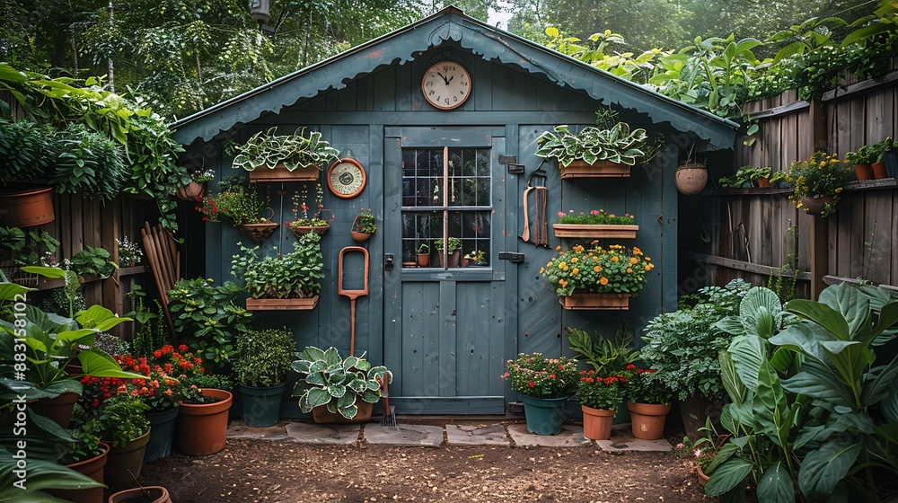 A tranquil garden setup, wide-angle view showing an inviting shed with tools and potted plants arranged around it. The natural light enhances the vibrant colors and textures of the plants, A tranquil garden setup, wide-angle view showing an inviting shed with tools and potted plants arranged around it. The natural light enhances the vibrant colors and textures of the plants,