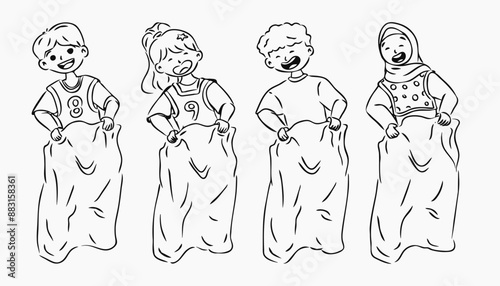 sketch set of people playing sack racing