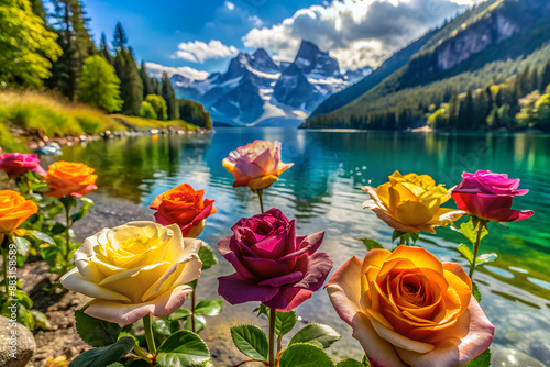 A meadow of colorful topaz roses with a crystal-clear lake nearby generative ai photo