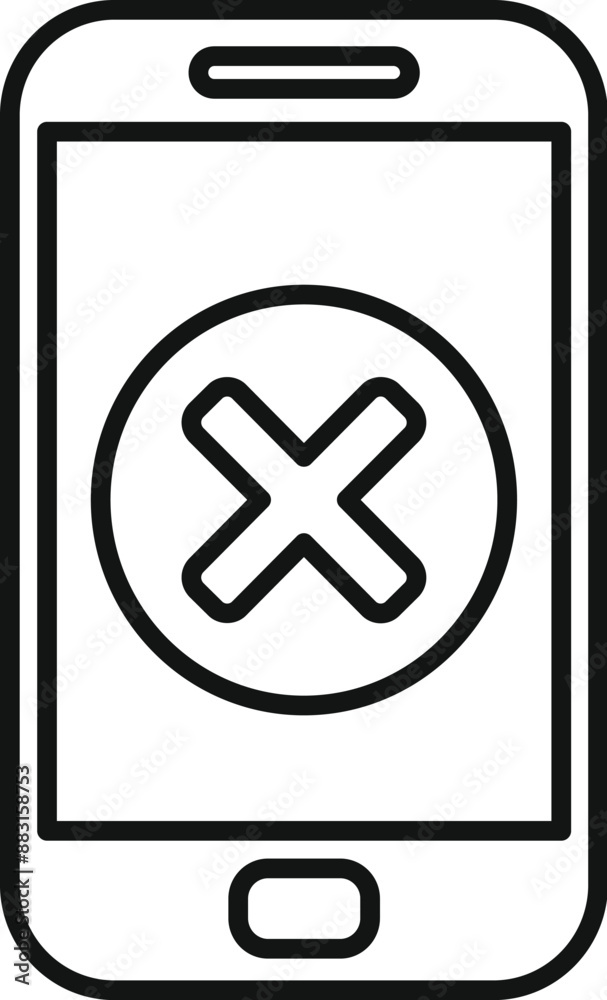 Obraz premium Line art style icon of a smartphone displaying a cross mark icon, indicating an error message or a problem