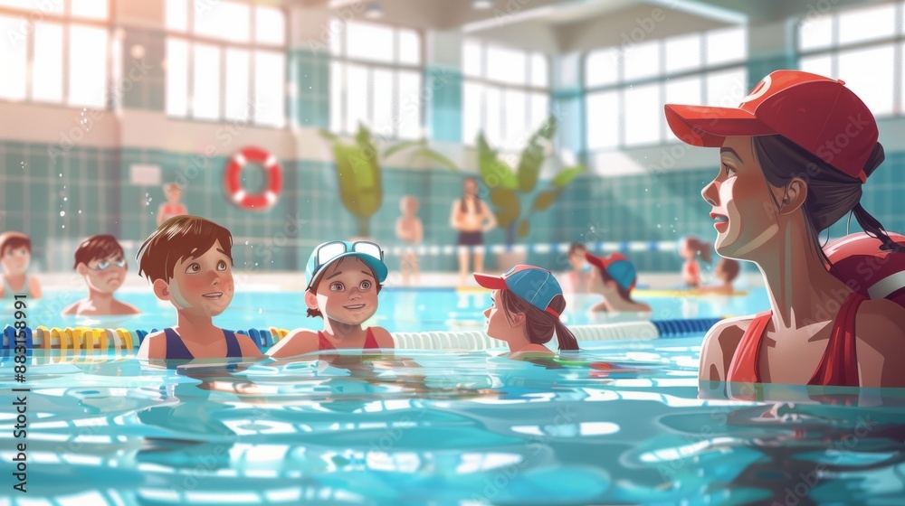 Lifeguard watching children in swimming pool.