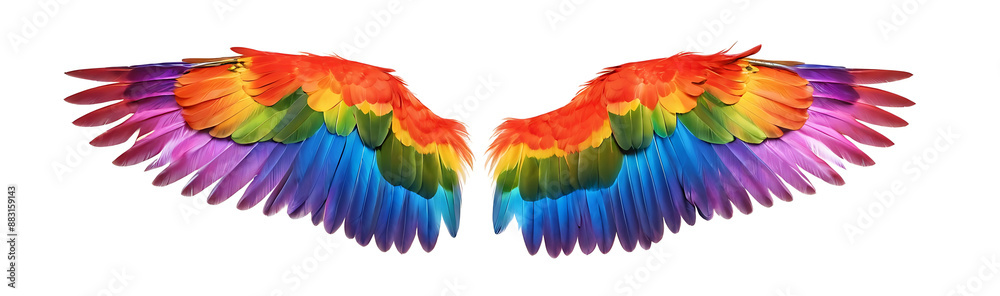 Fototapeta premium A pair of vibrant, rainbow-colored wings outstretched against a white background. Perfect for symbolizing freedom, diversity, or hope.