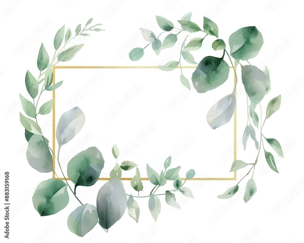 Fototapeta premium watercolor gold rectangular frame with eucalyptus, leaves and flowers, white background, pastel colors, minimalistic style