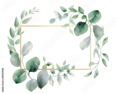 watercolor gold rectangular frame with eucalyptus, leaves and flowers, white background, pastel colors, minimalistic style