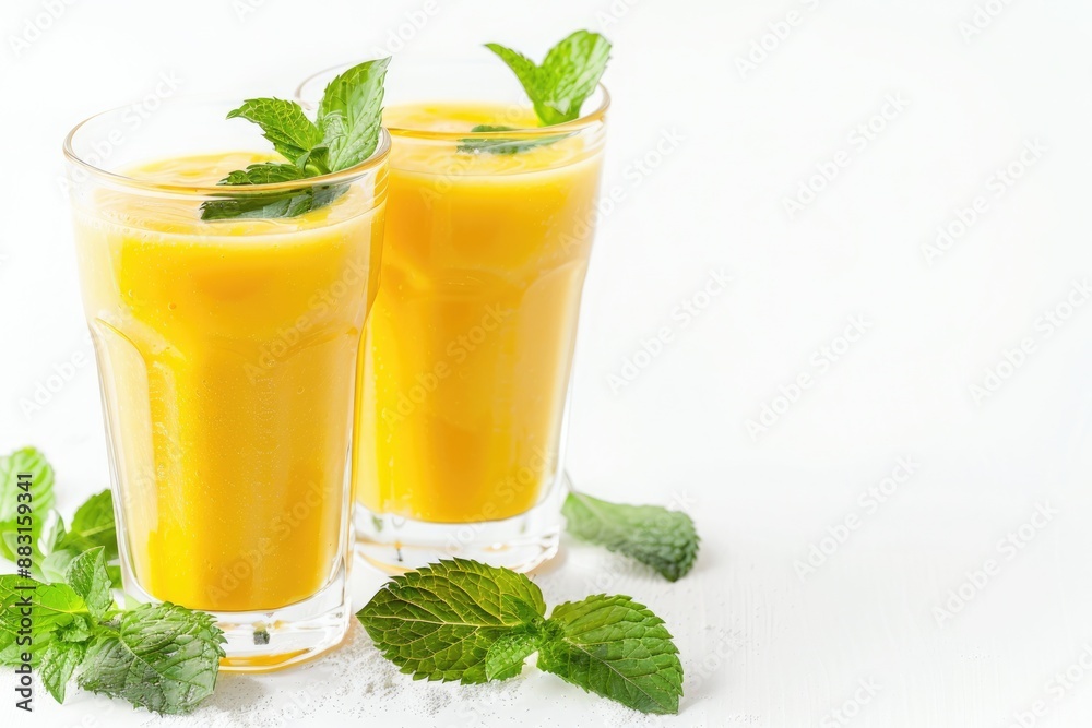 Two Glasses of Refreshing Mango Smoothie with Mint Garnish Two Glasses of Refreshing Mango Smoothie with Mint Garnish