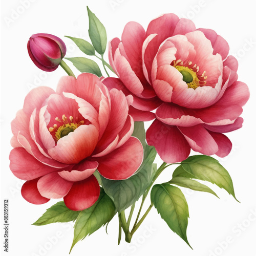 Watercolor peony flowers on white background, light pink