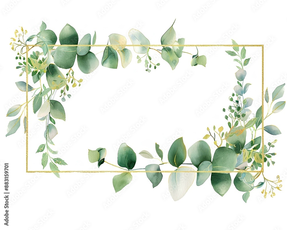 Obraz premium watercolor gold rectangular frame with eucalyptus, leaves and flowers, white background, pastel colors, minimalistic style