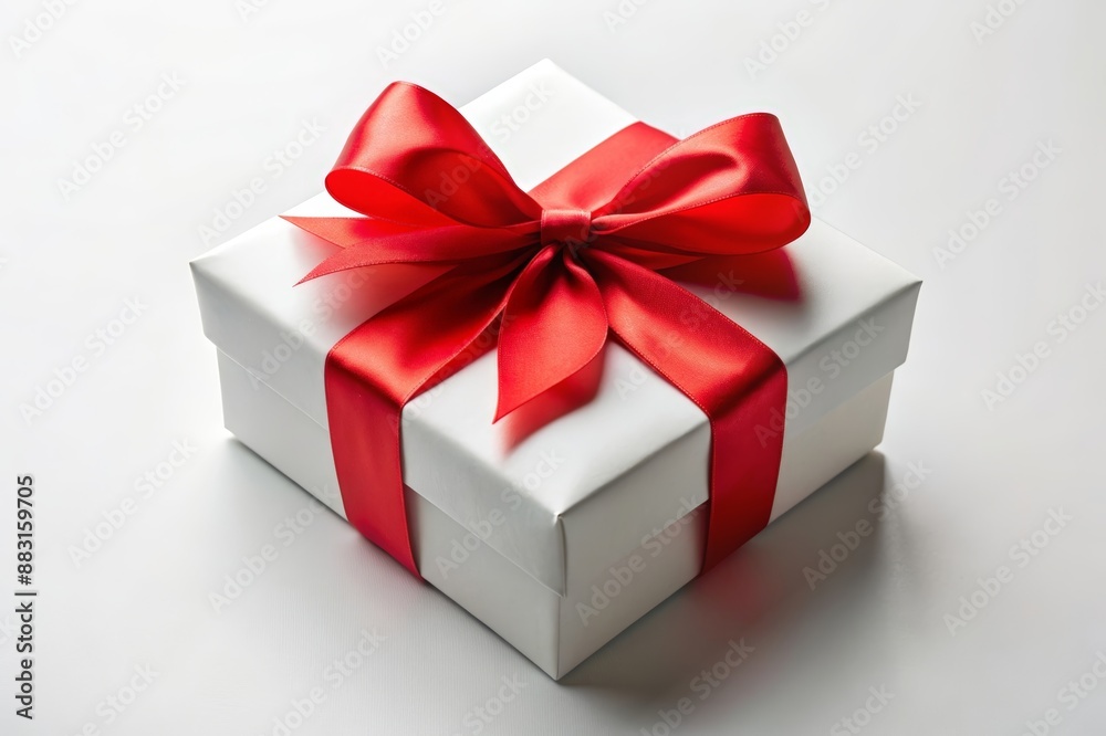 White minimalistic gift box with red ribbon and bow White minimalistic gift box with red ribbon and bow