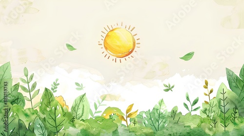 Cute cartoon style with a simple background showing the sun and trees on earth. A watercolor hand drawn suitable for a children's book in a pastel color palette. A minimalist