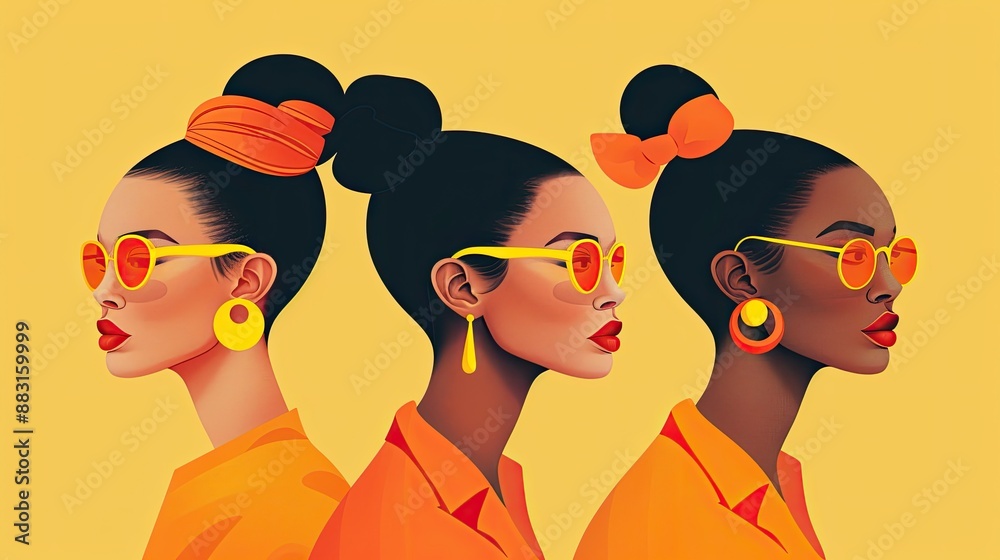 Three diverse women wearing sunglasses and orange outfits. Three diverse women wearing sunglasses and orange outfits.