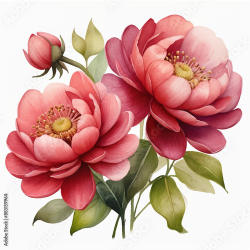Watercolor illustration of red flowers, flower clip art. Bouquet of peonies