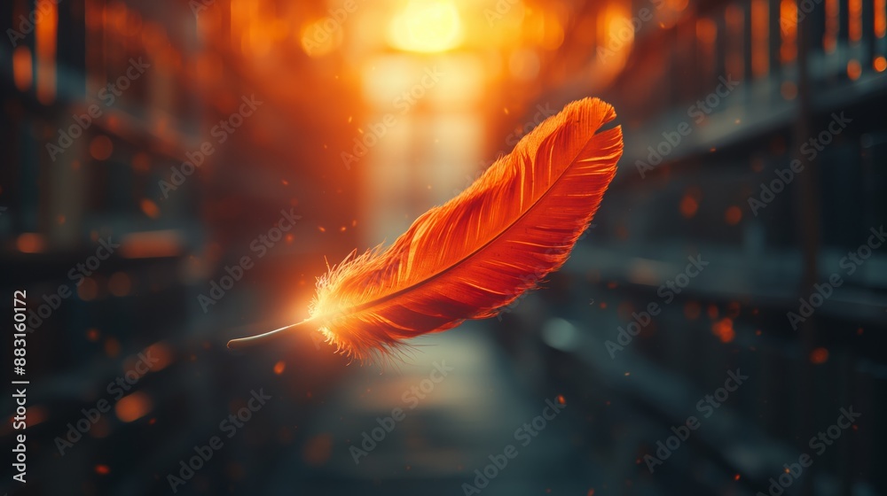 Single Orange Feather Floating in Library Single Orange Feather Floating in Library