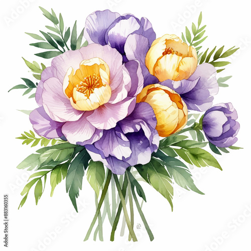 Watercolor bouquet purple flowers watercolor on white background