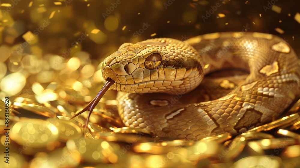 Obraz premium Detailed closeup of golden snake coiled among shimmering gold coins. scene reflects themes of wealth, opulence, and prosperity with striking gold tones and intricate snake patterns.