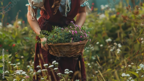 Woman harvesting medicinal herbs, Harvest, Natural remedies photo