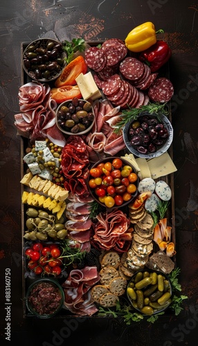 Elegant gourmet charcuterie board with assorted meats, rich colors, top down view photo