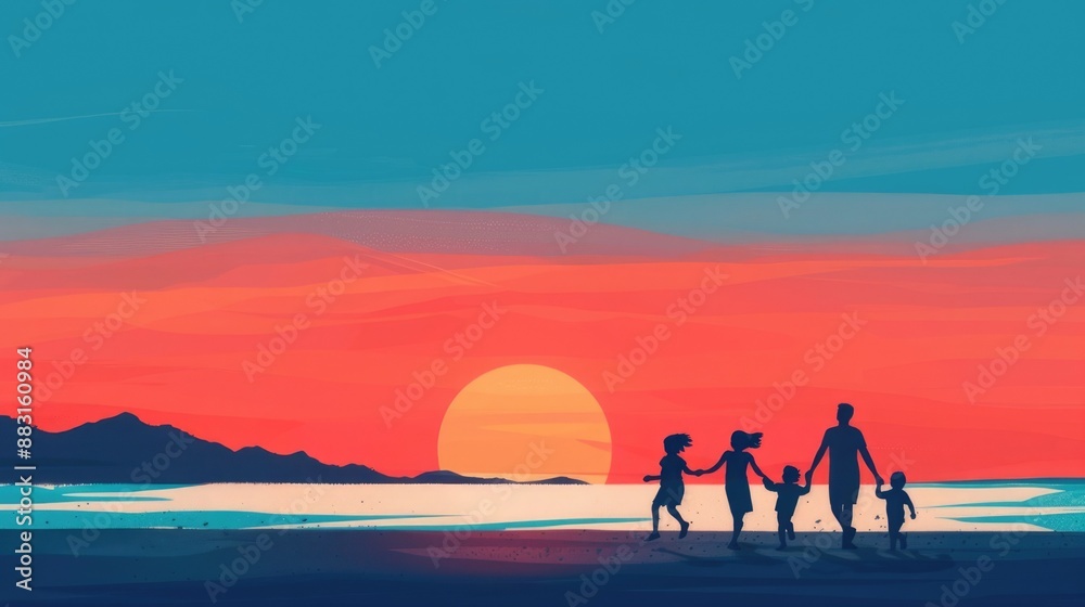Illustration of a family walking hand-in-hand by the beach during sunset, with vivid colors and serene landscape. Illustration of a family walking hand-in-hand by the beach during sunset, with vivid colors and serene landscape.