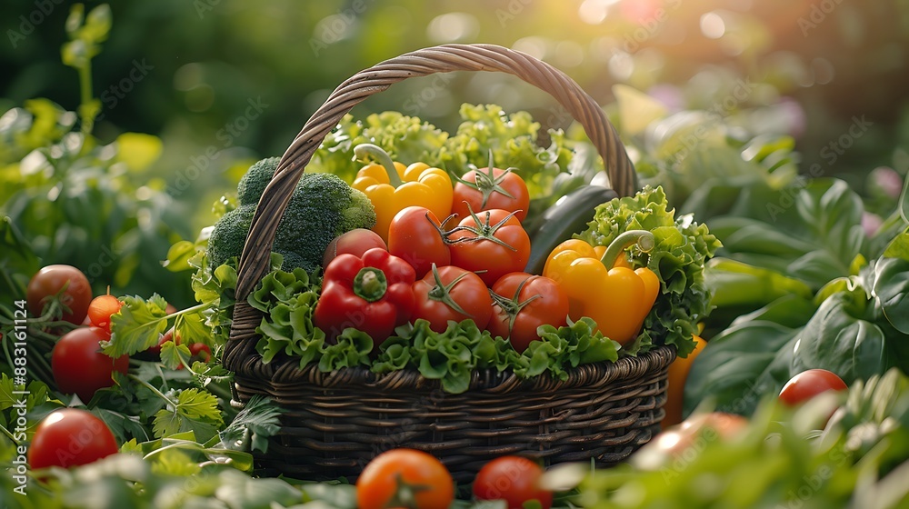 A wide-angle shot of a vegetable harvest, featuring a basket filled with vibrant, freshly picked vegetables. The scene is set in a lush garden, A wide-angle shot of a vegetable harvest, featuring a basket filled with vibrant, freshly picked vegetables. The scene is set in a lush garden,