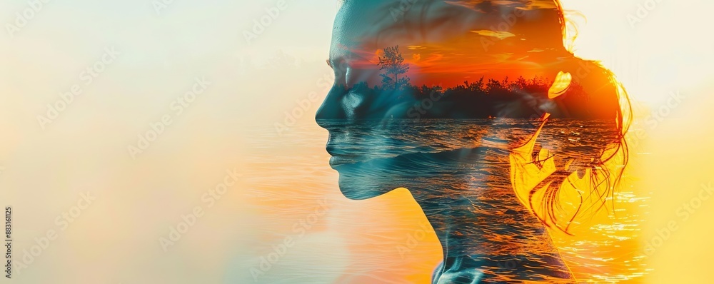 Mind and body wellness retreat, close up, focus on, copy space, warm serene colors, Double exposure silhouette with mental exercises and physical fitness activities Mind and body wellness retreat, close up, focus on, copy space, warm serene colors, Double exposure silhouette with mental exercises and physical fitness activities