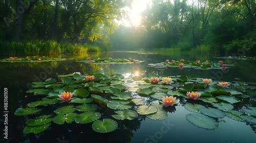 A wide-angle shot of a serene garden pond with lily pads floating on the water and blooming flowers surrounding the pond. The soft sunlight filters through the trees,