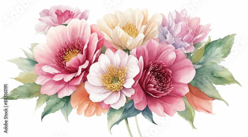 Watercolor peony flowers clip art vintage style white background