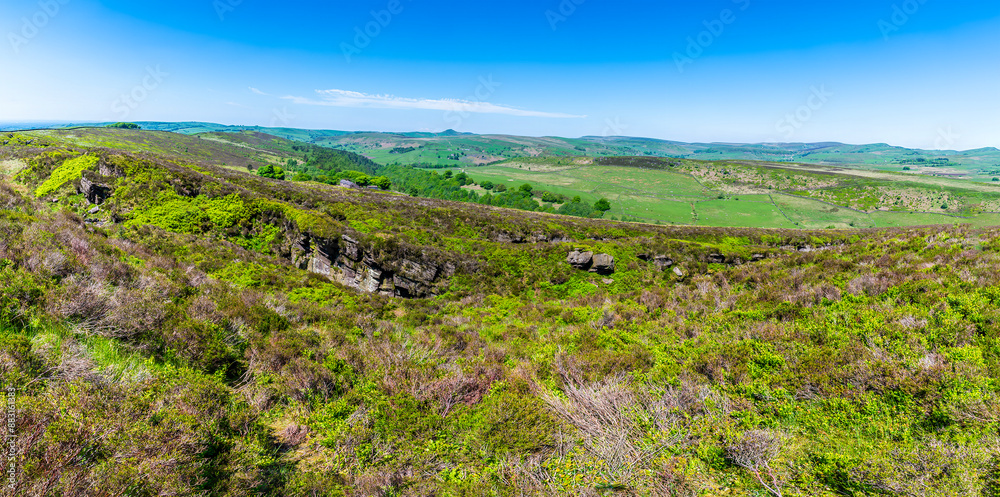Obraz premium A panorama view across the hillside towards Luds Church near Gradbach, Staffordshire in summertime