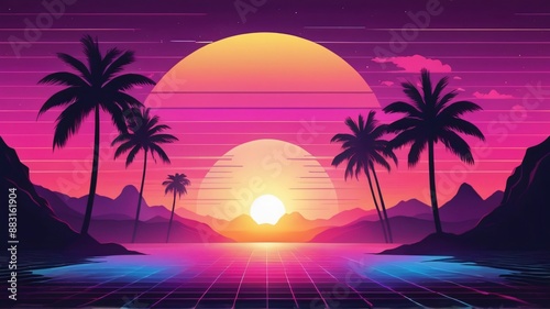 bauty sunset with synthwave scene