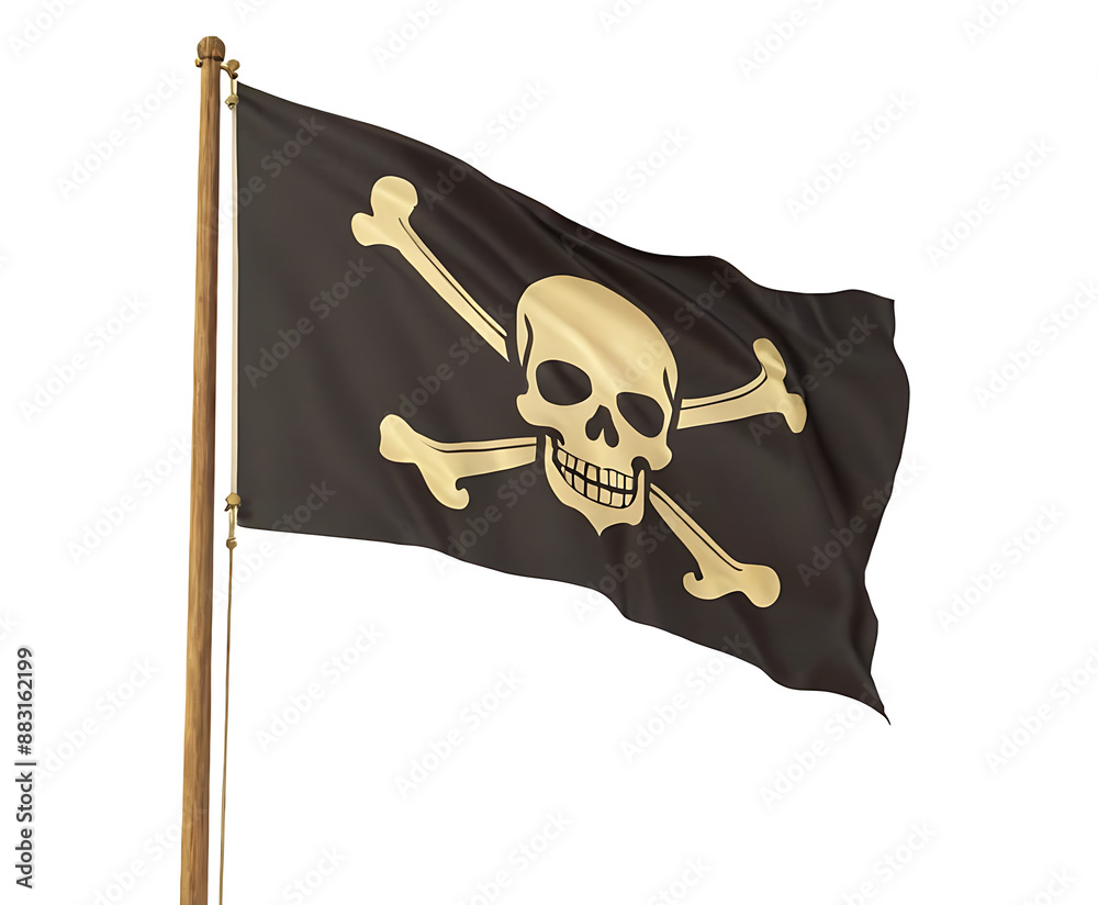 Fototapeta premium A black pirate flag with a skull and crossbones, flying on a wooden flagpole against a white background. Perfect for pirate-themed events, historical illustrations, or adventure stories.
