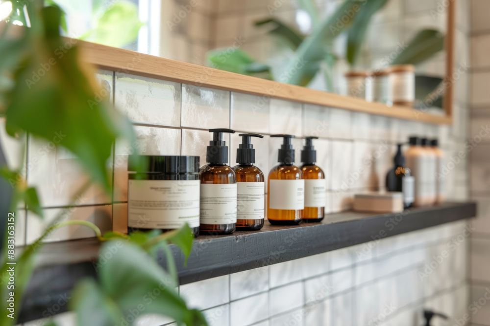 Skincare beauty products in elegant bottles arranged on a shelf in a modern bathroom Skincare beauty products in elegant bottles arranged on a shelf in a modern bathroom