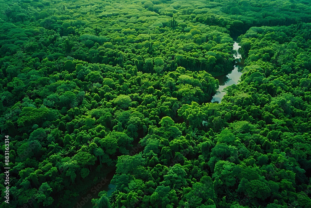 Aerial View of Lush Green Forest with Serene River Flowing Through the Center, Captured from High Angle Perspective, Showcasing Natural Beauty and Tranquility in National Geographic Style Aerial View of Lush Green Forest with Serene River Flowing Through the Center, Captured from High Angle Perspective, Showcasing Natural Beauty and Tranquility in National Geographic Style