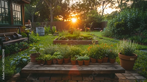 An idyllic herb garden at sunrise, wide-angle view capturing the variety of fresh herbs in a well-kept garden. The morning light softly touches the greenery and flowers, photo