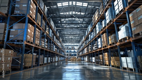 A warehouse interior with shelves stacked high with boxes, ready for shipping in a logistics center.