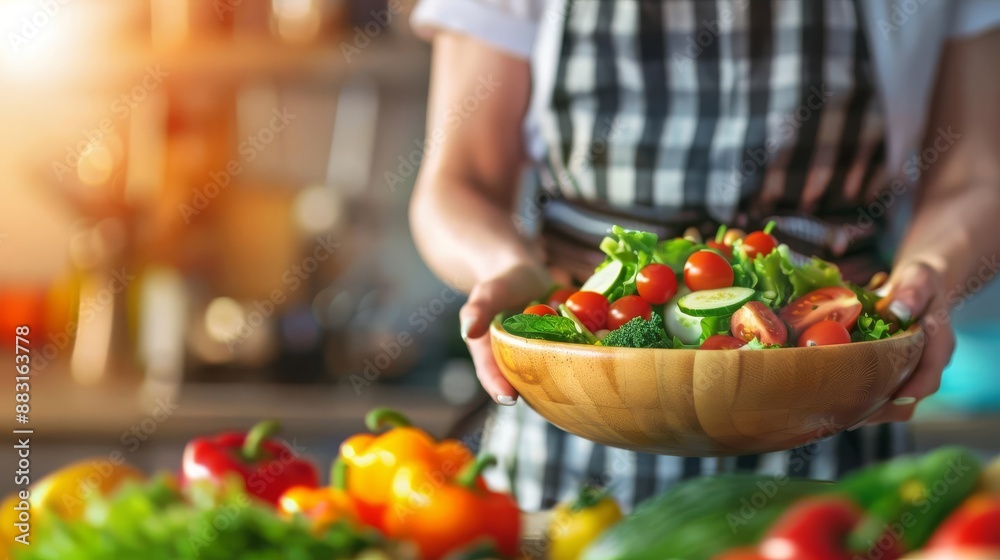 Person holding a fresh vegetable salad in a wooden bowl, wearing a plaid apron, with colorful bell peppers on the table in a warm kitchen. Person holding a fresh vegetable salad in a wooden bowl, wearing a plaid apron, with colorful bell peppers on the table in a warm kitchen.