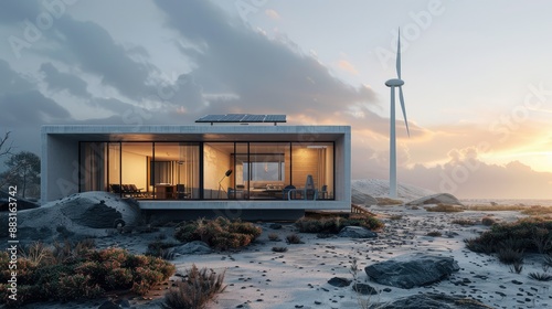 Zero-energy house with a wind turbine and solar array