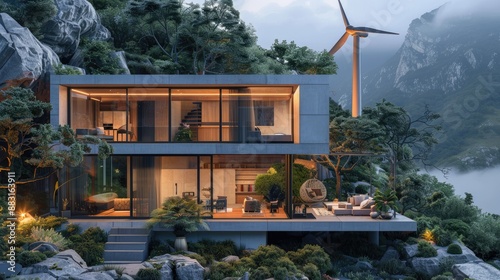 Zero-energy house with a wind turbine and solar array
