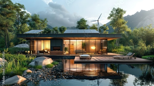 Zero-energy house with a wind turbine and solar array