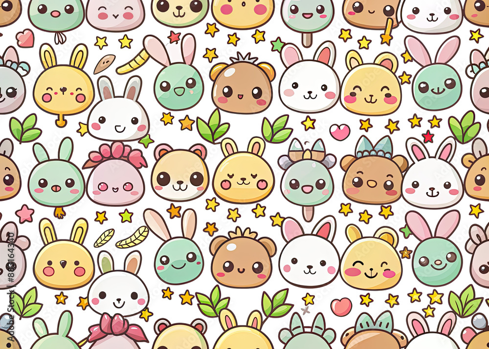 A whimsical seamless pattern featuring cute cartoon animals, stars, and hearts in a colorful kawaii style. Generative AI A whimsical seamless pattern featuring cute cartoon animals, stars, and hearts in a colorful kawaii style. Generative AI