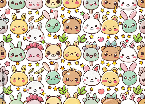 A whimsical seamless pattern featuring cute cartoon animals, stars, and hearts in a colorful kawaii style. Generative AI